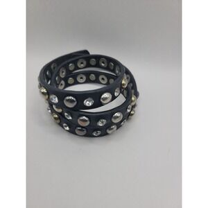 Black Faux Leather Triple Wrap Bracelet Clear Rhinestone Silver Tone Studded